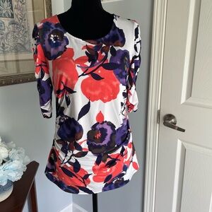 Alfani Top. 3/4 sleeves, gathered sides, Very colorful Purple white orange Sz M
